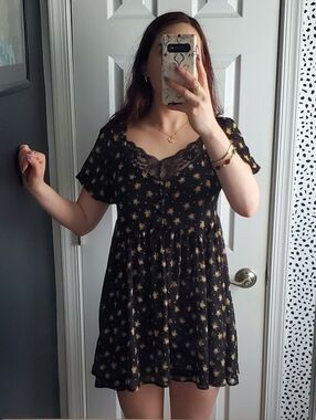 Urban Outfitters Black Mini Babydoll Dress with Rose Print